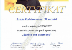 Certyfikat " Szkoła bez przemocy"