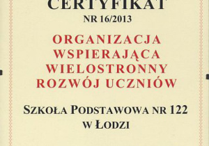 Certyfikat Organizacji wspierającej wielostronny rozwój ucznia