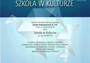 Certyfikat "Szkoła w kulturze"