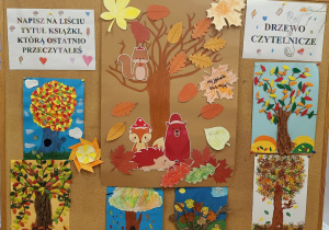 Tablica przedstawiająca plakaty z jesiennymi drzewami.