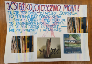 Plakat z hasłem, krótkim wierszykiem i czterema zdjęciami książek.