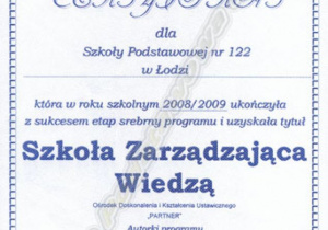 Certyfikat "Szkoła zarządzająca wiedzą"