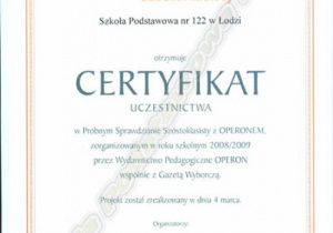 Certyfikat uczestnictwa w próbnym egzaminie szóstoklasisty