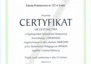 Certyfikat uczestnictwa w sprawdzianie kompetencji trzecioklasisty