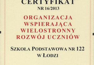 Certyfikat Organizacji wspierającej wielostronny rozwój ucznia